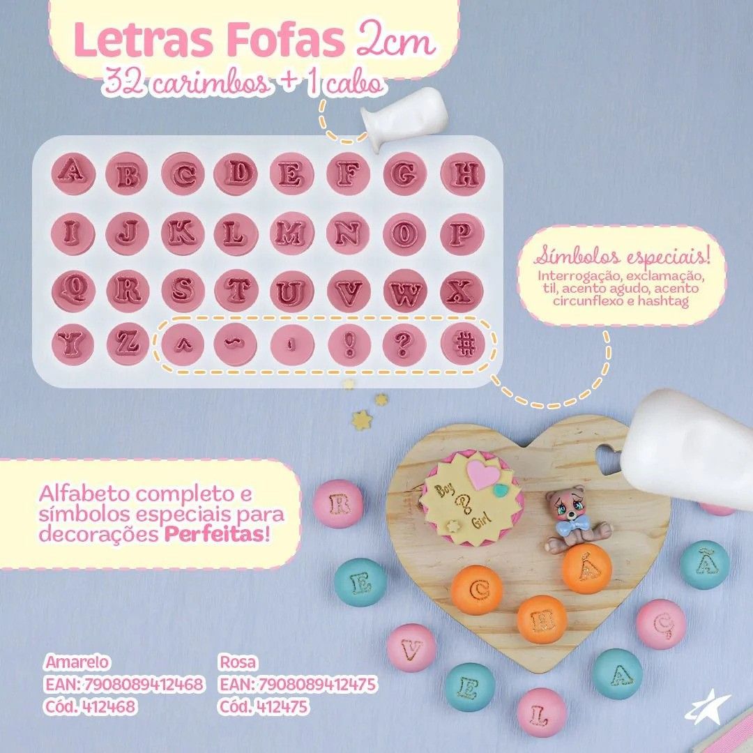 Kit Carimbos Letras Fofas Rosa (2cm) Brigadeiro