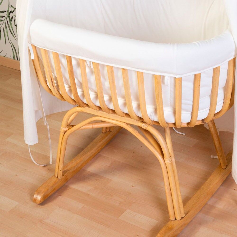 Berço Rattan - 90x70x71 Cm + Colchão - 77x42x4 Cm - Capa Jersey Ecru - Pernas Giratórias
