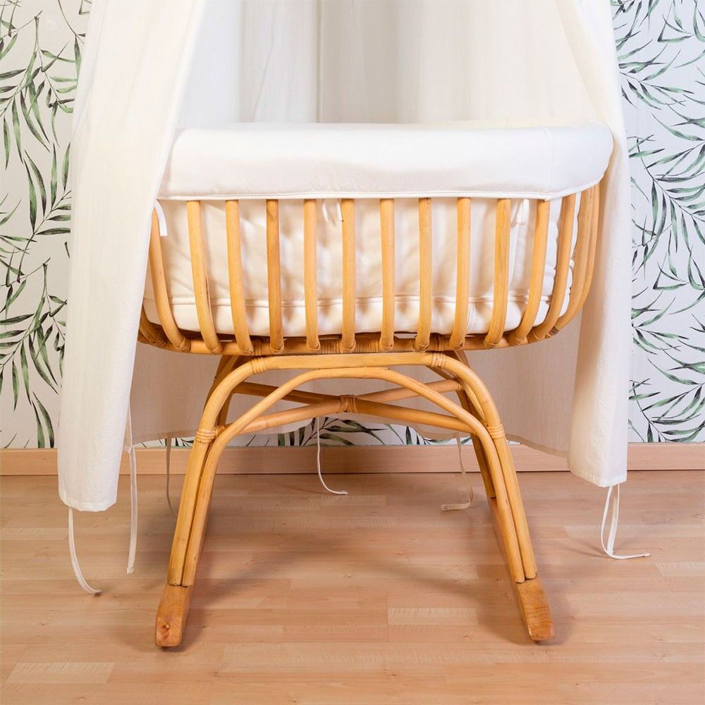 Berço Rattan - 90x70x71 Cm + Colchão - 77x42x4 Cm - Capa Jersey Ecru - Pernas Giratórias