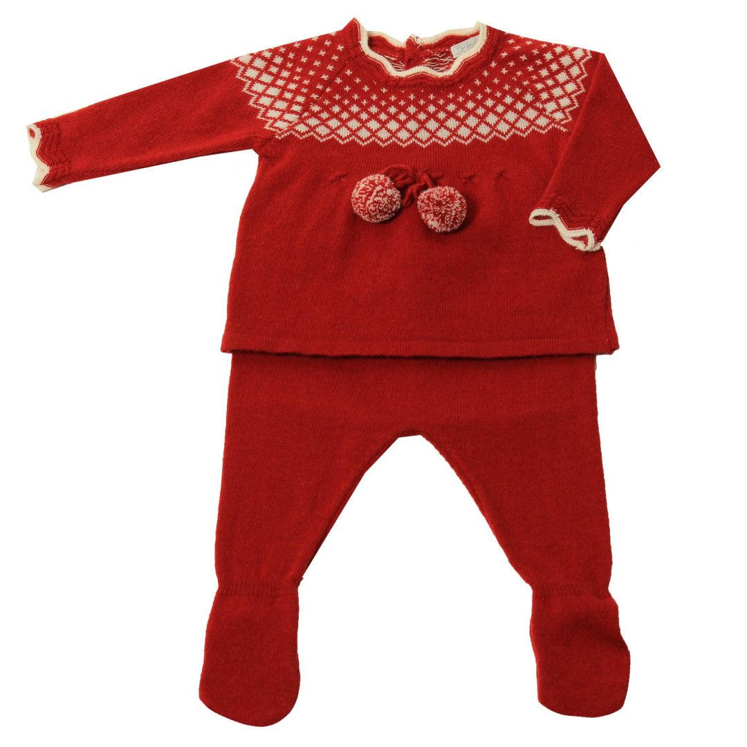 Conjunto malha jaquard com pompons em vermelho