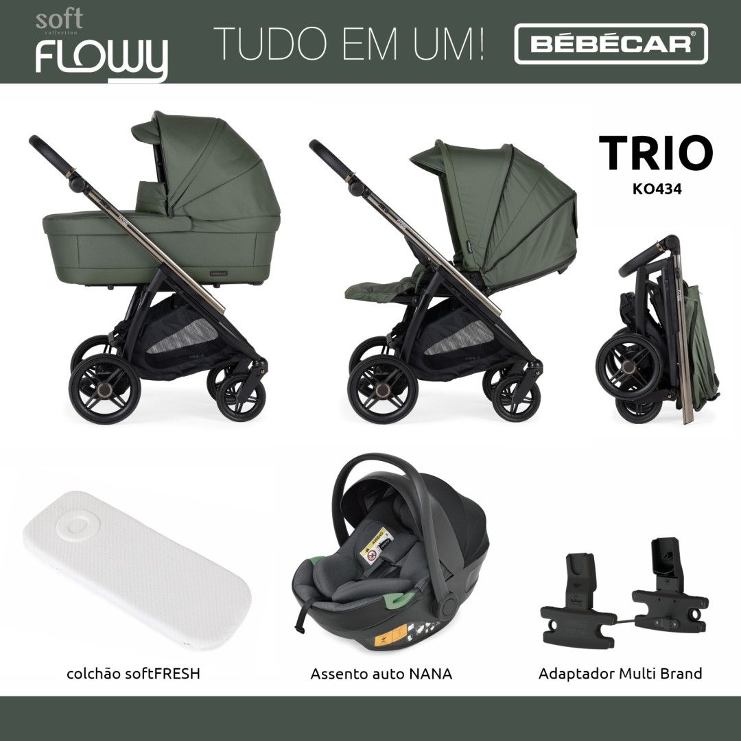 Trio Flowy, Carrinho + Alcofa com Colchão SoftFresh + Babycoque Nana , Chassis Misto