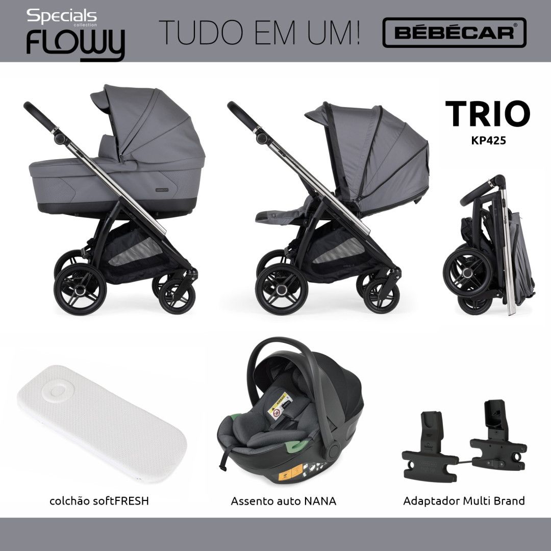 Trio Flowy, Carrinho + Alcofa com Colchão SoftFresh + Babycoque Nana , Chassis Misto