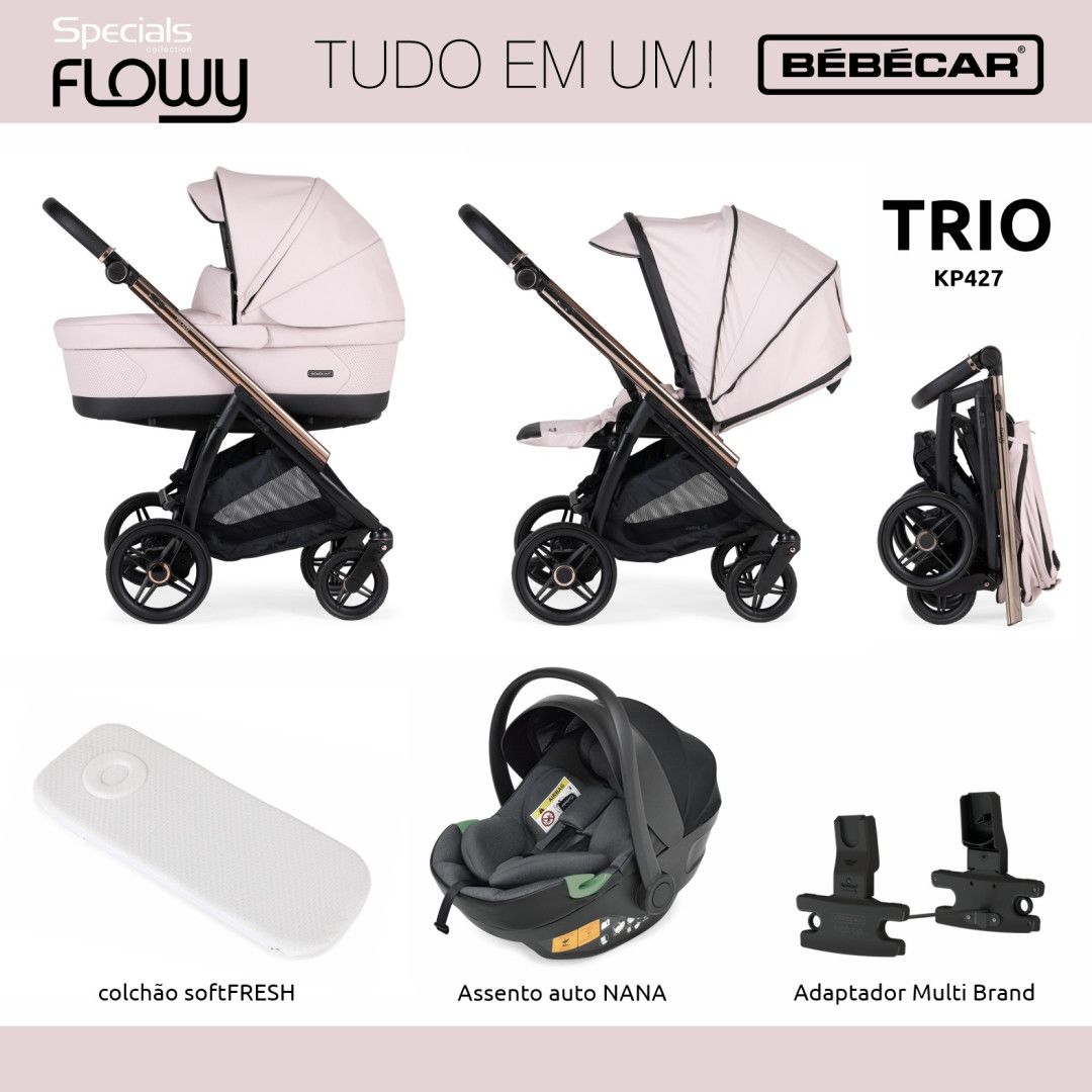 Trio Flowy, Carrinho + Alcofa com Colchão SoftFresh + Babycoque Nana , Chassis Misto