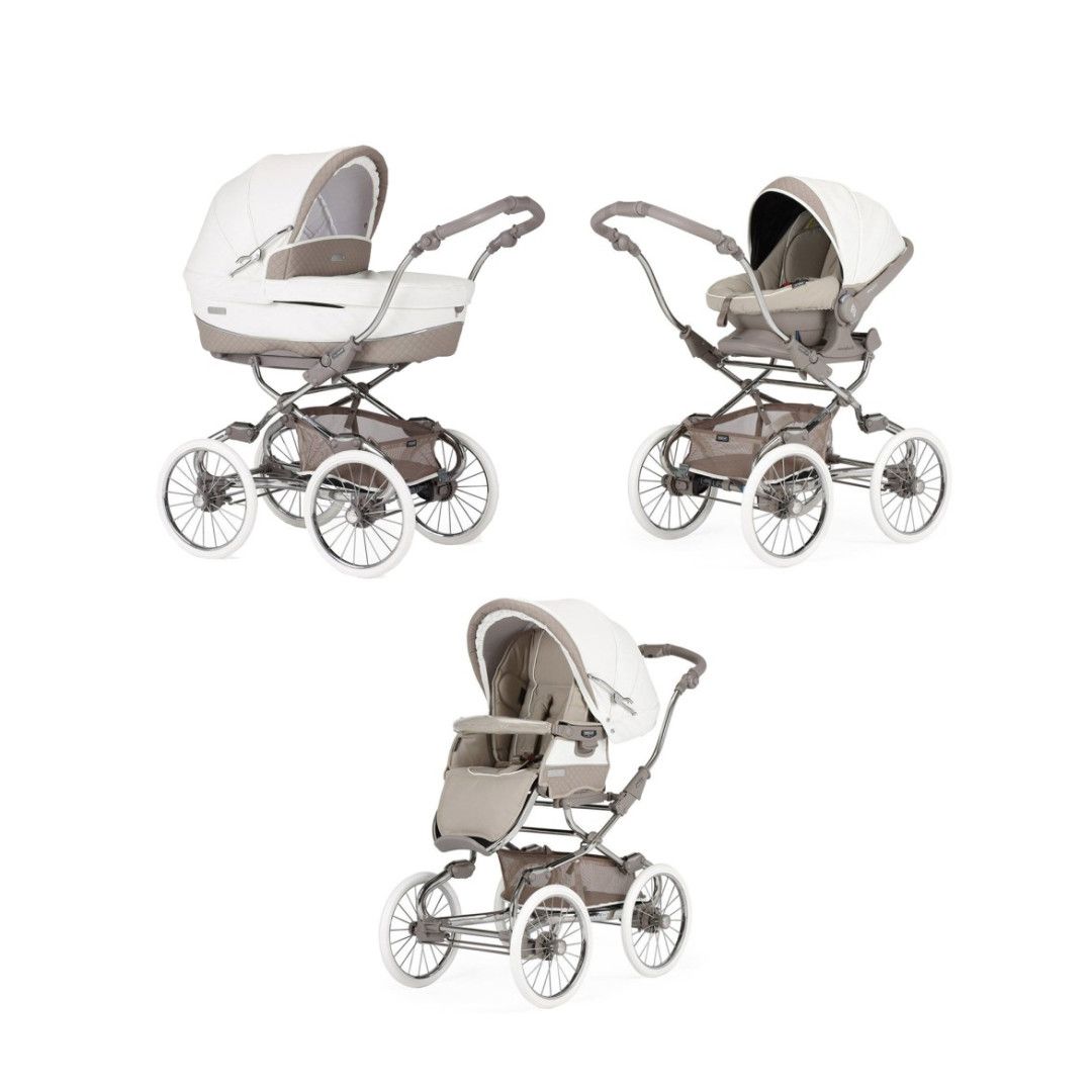 TRIO Stylo Class+ Bege, Carrinho + Alcofa Maxibob LA3 + Babycoque Easymaxi Reclinável XL-I, Specials collection SP958, Chassis Cromado